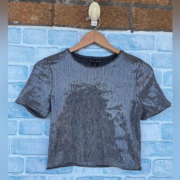 Christian Lacroix Scoop Neck Short Sleeve cropped Metallic & Silver sequin top